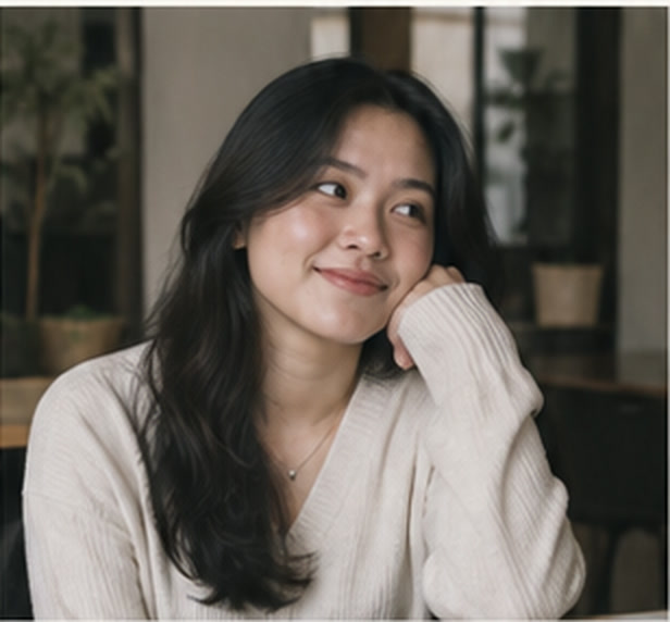 Portrait of Alya Putri looking away from the camera in a softly lit room.