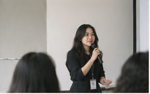 Alya speaking to a seated audience in a meeting room.