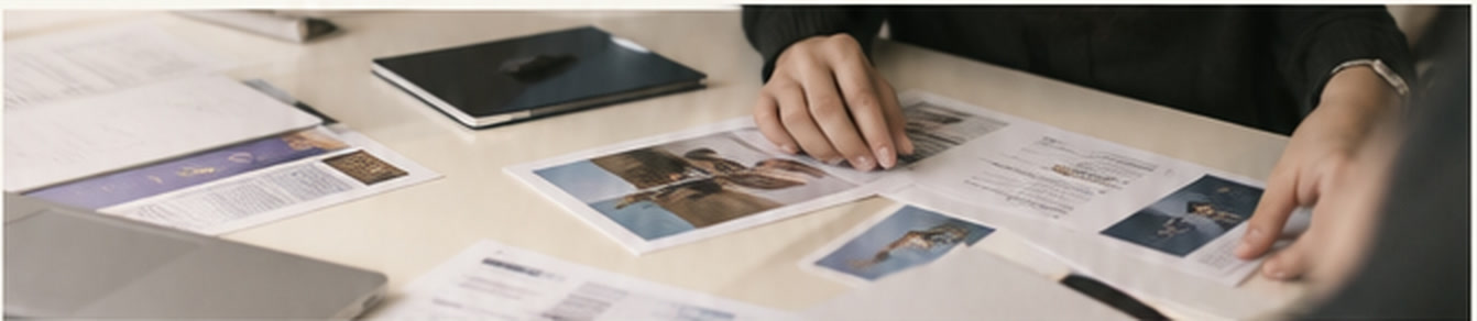 Printed communication materials spread across a table while two people arrange them.
